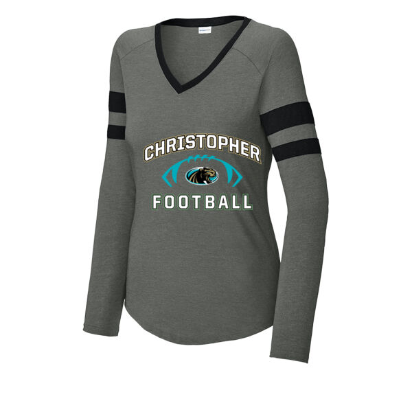 Christopher Football - Ladies Halftime Stripe Long Sleeve V Neck Tee Thumbnail